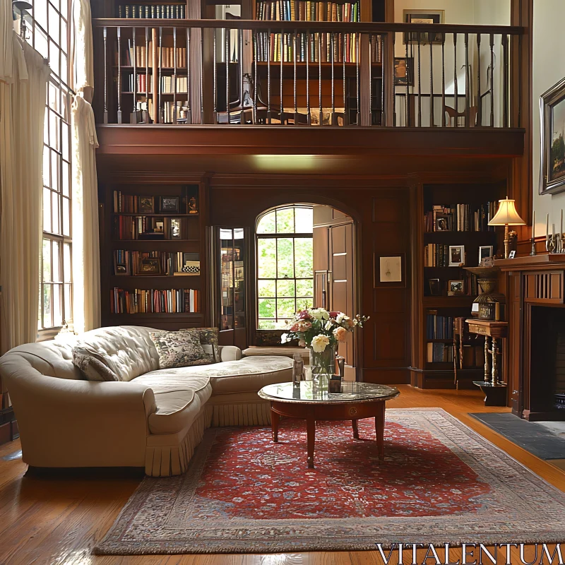 Cozy Living Room with Bookshelves AI Image