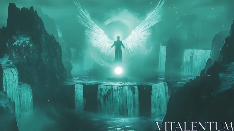 Winged Guardian at the Waterfalls AI Image