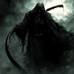 Dark Figure with Scythe in Smoky Abyss