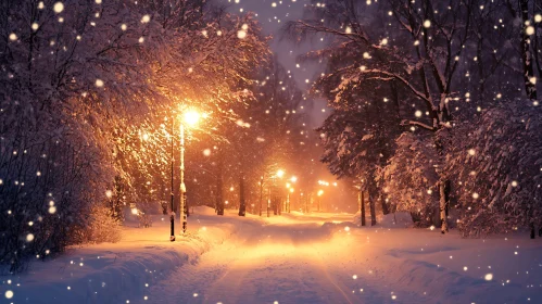 Snowy Path with Streetlights