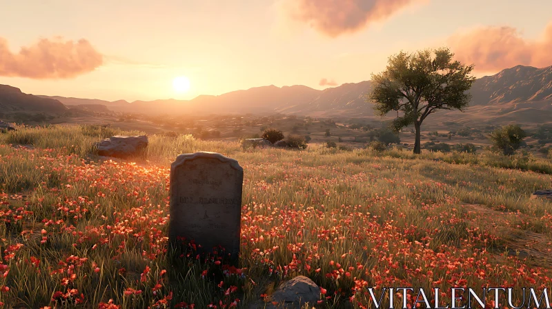 Sunset Over the Poppy Meadow AI Image