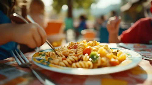 Vibrant Pasta Plate in Sunlit Setting