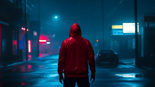 Red Hooded Figure in Rainy Cityscape