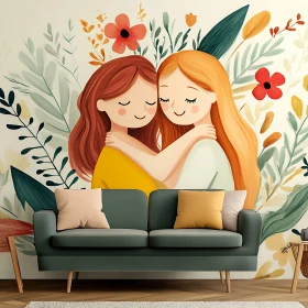 Two Girls Hugging in a Floral Scene