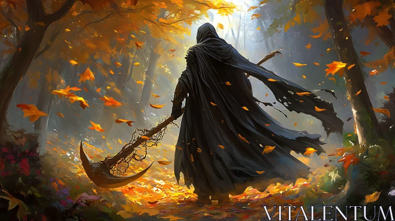 AI ART Cloaked Figure in Forest of Falling Leaves