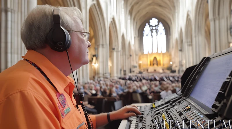 Audio Engineer Manages Sound in Cathedral AI Image