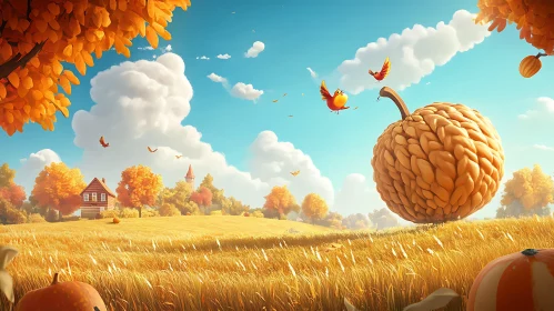 Whimsical Fall Landscape with Pumpkins