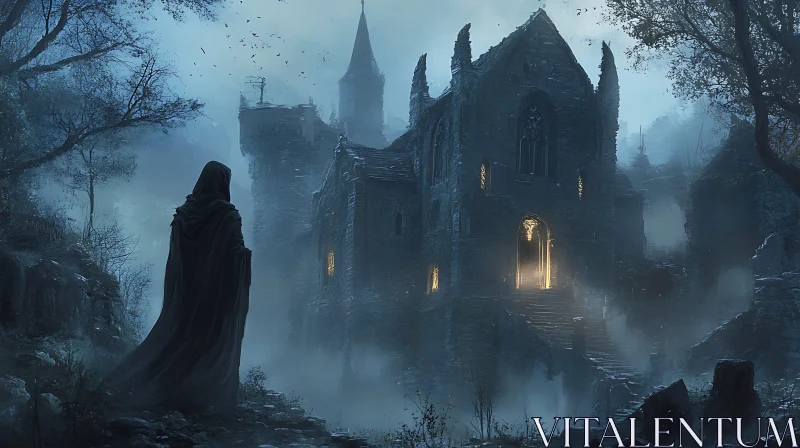 Cloaked Figure at Dark Monastery AI Image