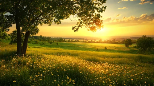 Sunset Over a Flower Meadow