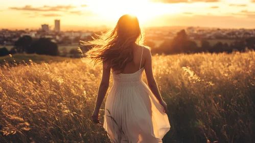 Woman Walking in Field at Sunset