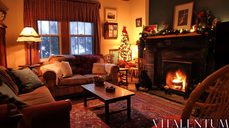 Festive Home Interior with Fireplace AI Image