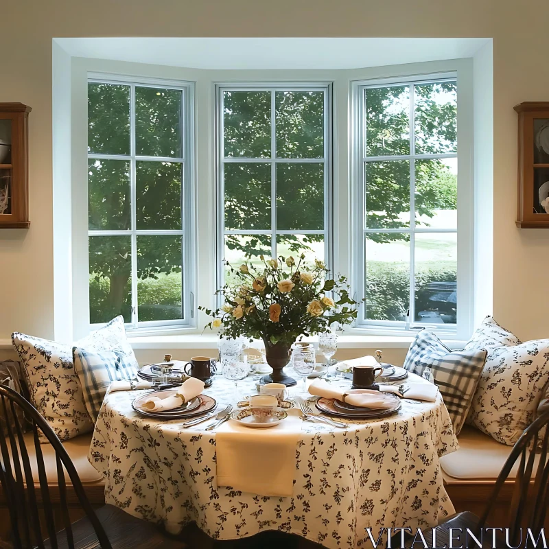 Sunlit Table Setting in Cozy Dining Area AI Image