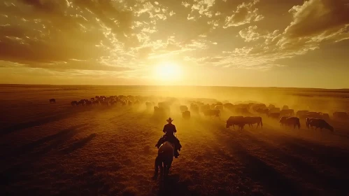 Golden Sunset Cattle Drive