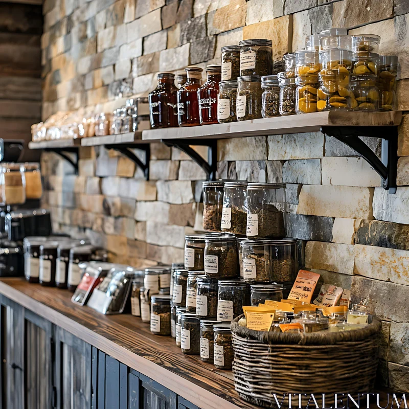 Cozy Kitchen Interior with Stone Walls and Stored Goods AI Image