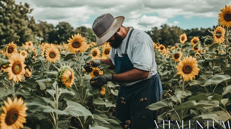 Man tending sunflowers in sunlit field AI Image