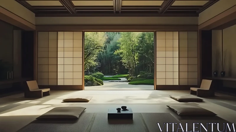 AI ART Minimalist Japanese Room Overlooking Garden