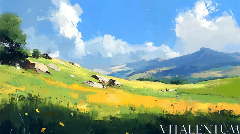 Green Field and Mountain View Art AI Image