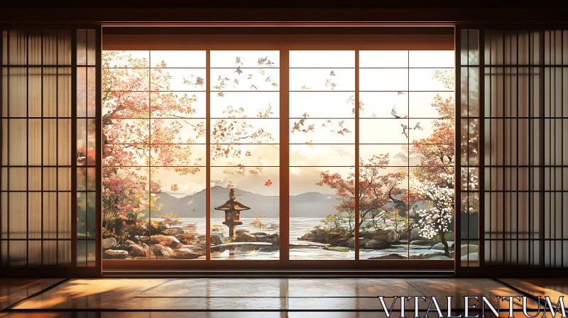 AI ART Tranquil Garden Scene Through Shoji Doors