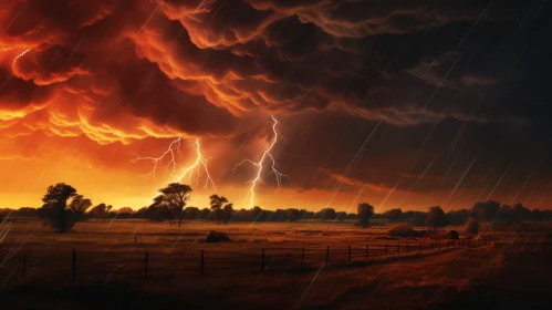 Captivating Thunderstorms Over Orange Sky with Lightning - Detailed Fantasy Art