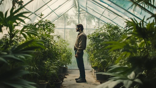 Man in Greenhouse Surrounded by Plants