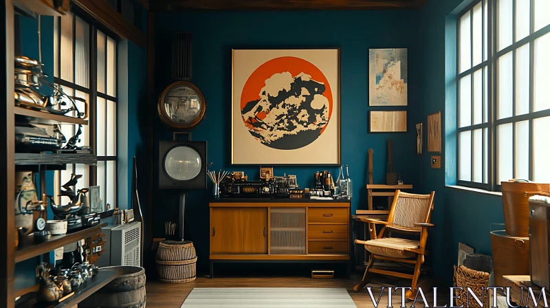 AI ART Blue Room with Vintage Furniture and Art