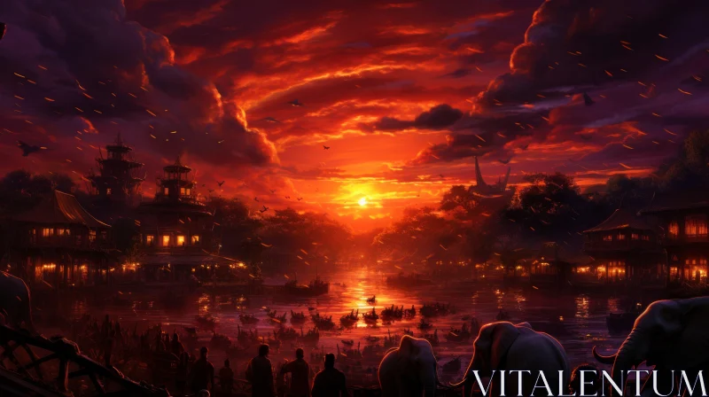 Epic Fantasy Sunset Scene in Traditional Chinese Style AI Image