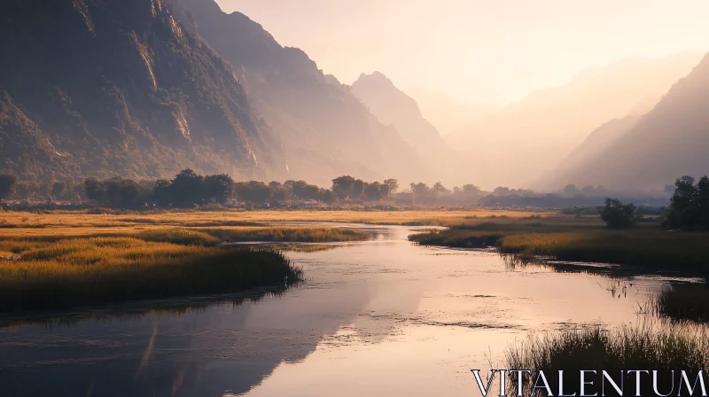 AI ART Tranquil Valley Sunset with Flowing River