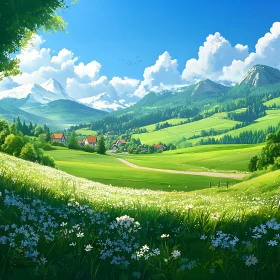 Picturesque Mountain Landscape with Flower Meadow