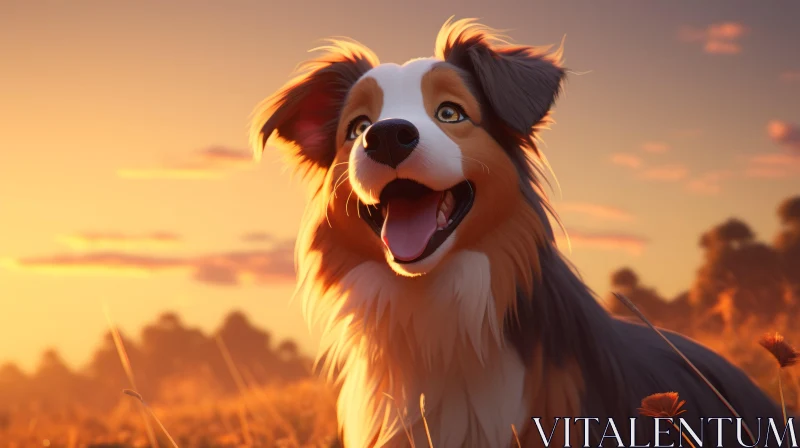 Playful Cartoon Dog in a Field at Sunset - Animation Art AI Image