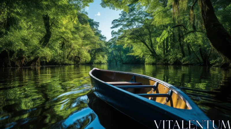 Tranquil Canoe Journey through Enchanting Forest | Nature Art AI Image