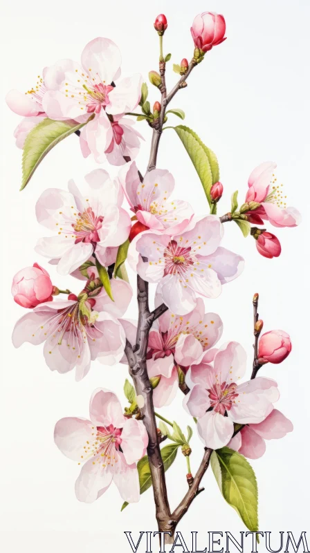 Watercolor Painting of Almond Tree with Pink Flowers AI Image