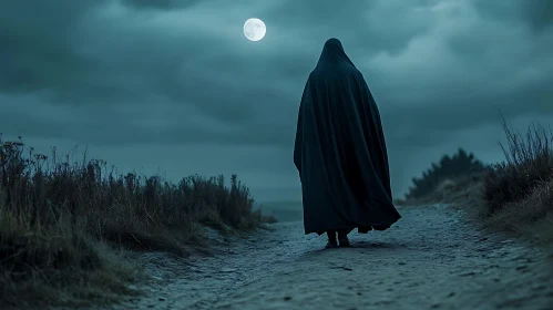 Cloaked Figure on Path Under Moon