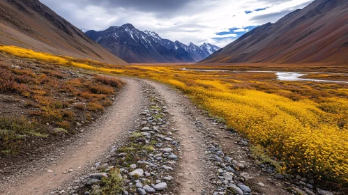 Mountain Valley with Winding Trail and Yellow Wildflowers