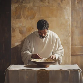 Man in White Robe at Table