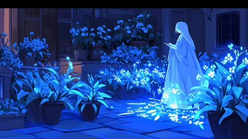 Glowing Flowers and Figure in Blue