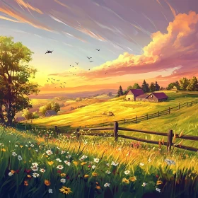 Scenic Sunset Field with Flowers