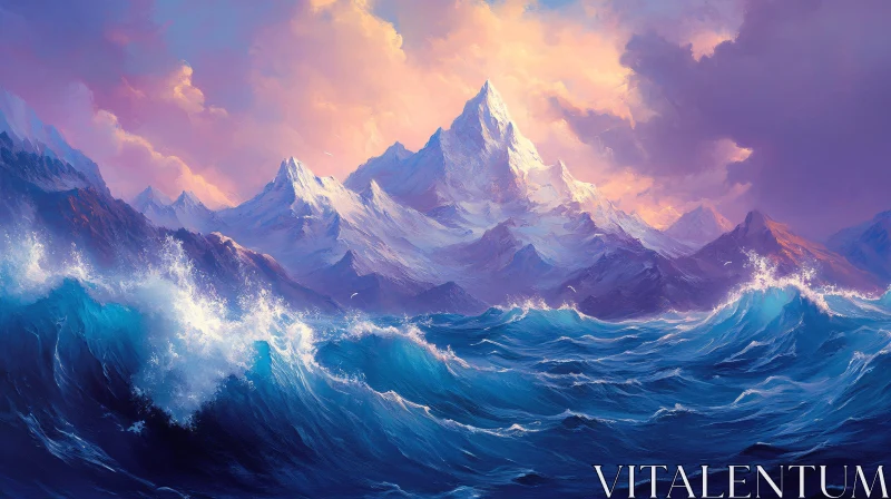 AI ART Snowy Peaks and Crashing Waves Under a Sunset Sky