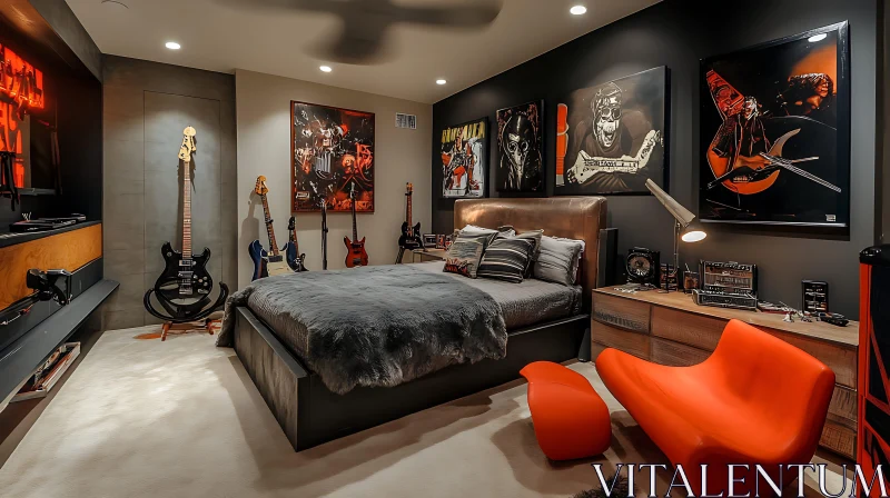 AI ART Modern Bedroom with Guitar Collection