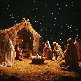 Biblical Nativity Scene with Starry Sky