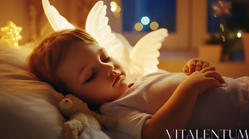 AI ART Serene Sleep: Angelic Child with Teddy Bear