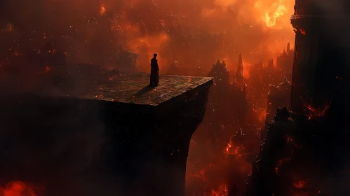 Silhouette Overlooking Burning City