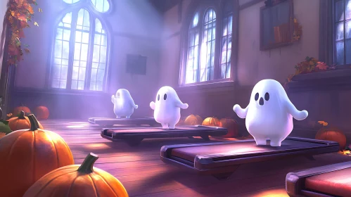 Whimsical Halloween Ghosts Pumpkins Scene