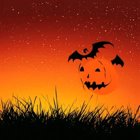 Spooky Halloween Scene with Pumpkin and Bat