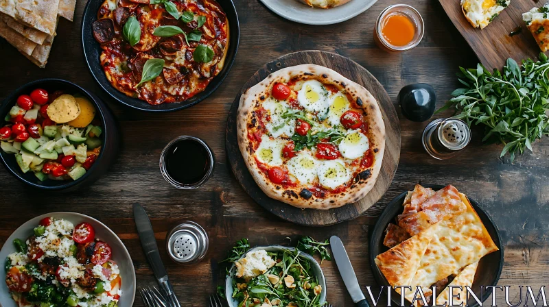 Rustic Table Food Spread with Pizza and Salads AI Image