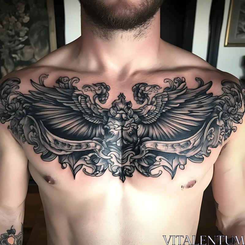 Ornate Wings Tattoo on Chest AI Image