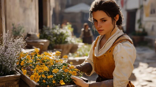 Woman Arranging Flowers in Rustic Setting