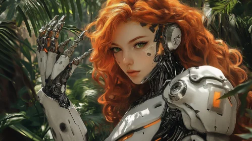 Futuristic Female Cyborg with Red Hair in Natural Setting