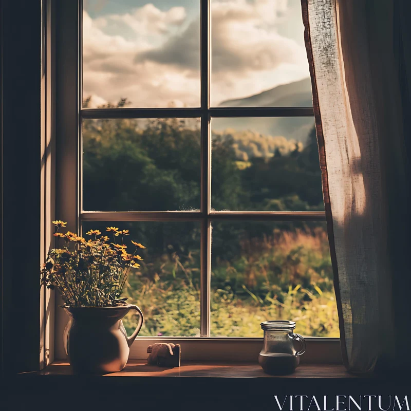 Rustic Window with Landscape and Flowers AI Image