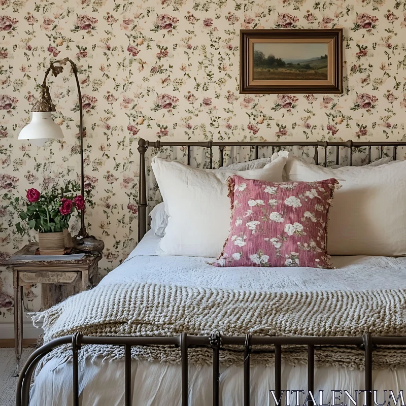 Cozy Bedroom with Floral Accents AI Image