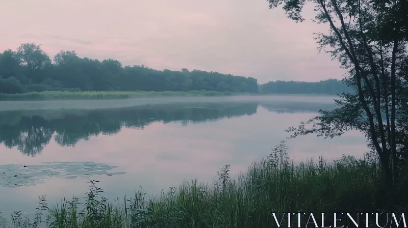 AI ART Serene Forest Lake with Reflective Waters and Mist